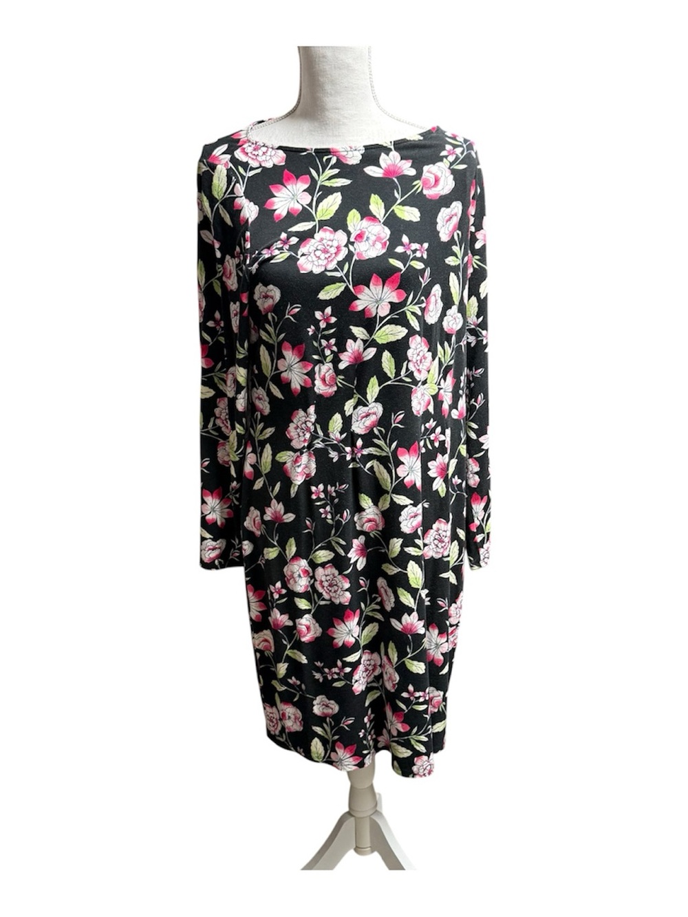 J Jill size M Black Floral Long-Sleeve Shift Dress with Pink Blossoms